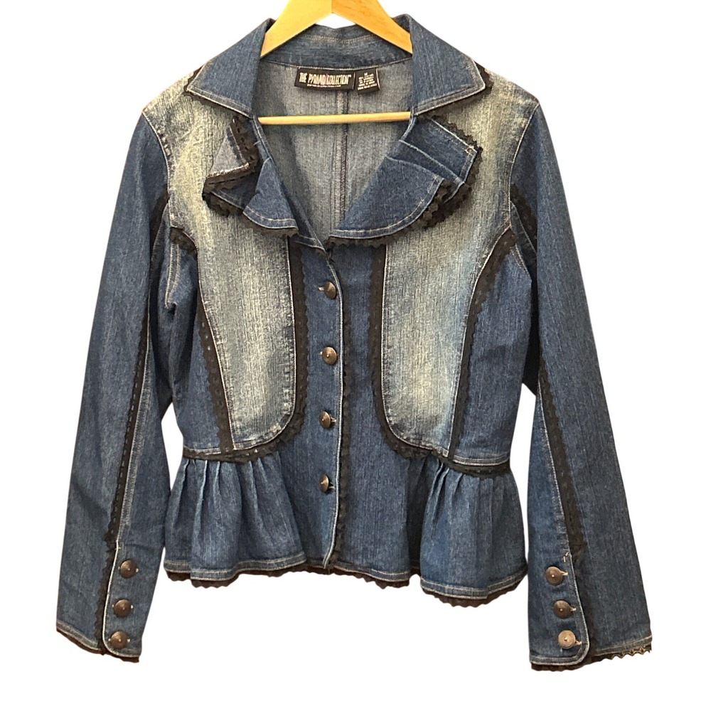 VTG Pyramid Collection Denim Jacket Victorian Steampunk Gothic Ruffle Lace Trim